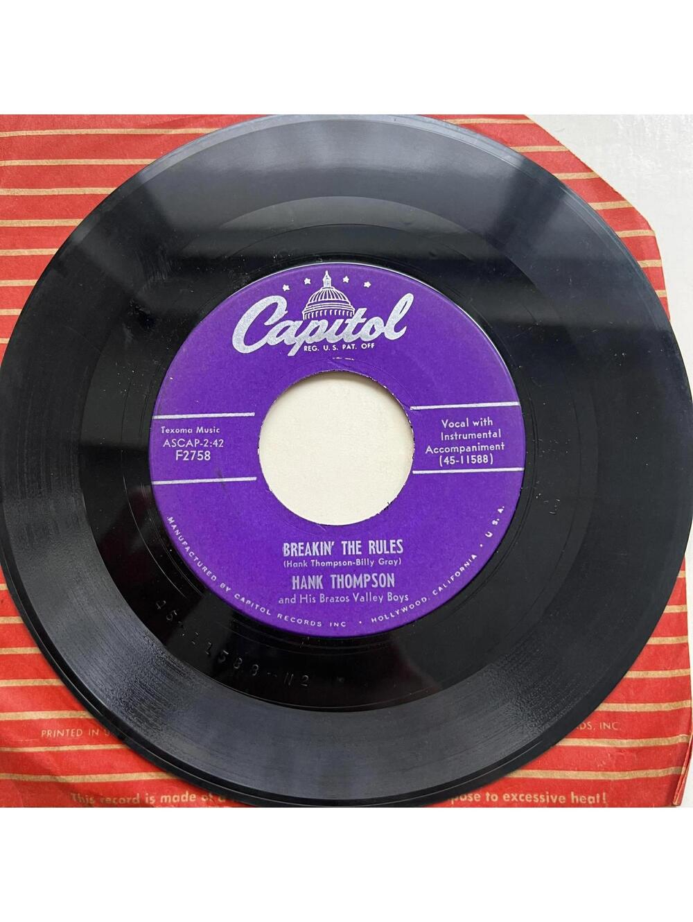 Hank Thompson – A Fooler, A Faker / Breakin' The Rules 45rpm Vinyl Record R56